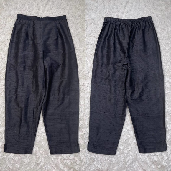 Vintage 100% raw silk pull-on easy pants balloon leg tapered trousers black M - Picture 3 of 17